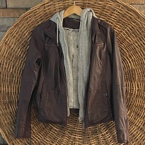 Faux Leather jacket with hood and faux fur on the inside